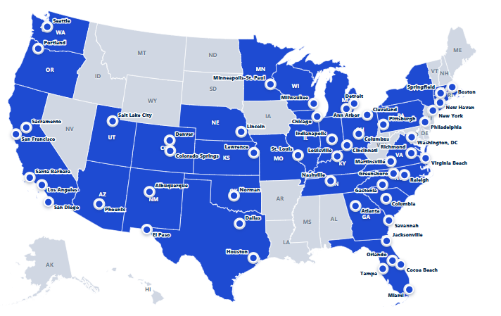 U.S. map with blue-highlighted states and white pin markers on major cities such as Seattle, Portland, San Francisco, Los Angeles, Chicago, and New York.