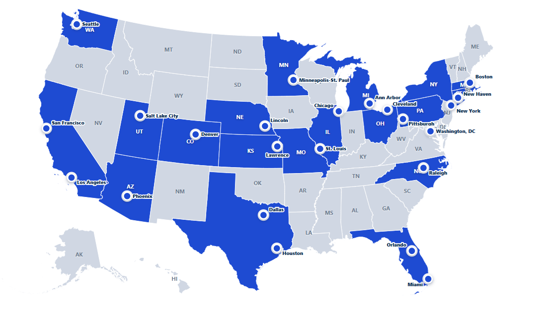 U.S. map showing blue-highlighted states with circular markers at major cities (Seattle, San Francisco, Los Angeles, Phoenix, Salt Lake City, Denver, Dallas, Houston, Miami, Orlando, Raleigh, New York, Boston, Washington DC, Chicago, Minneapolis–St. Paul, Ann Arbor, Cleveland, Pittsburgh).